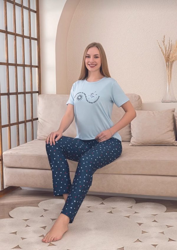 Yıldız Desenli Kısa Kollu Lacivert Pijama Takımı - Görsel 3
