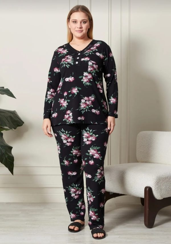 Çiçek Desenli Yakası Dantelli Düğmeli Büyük Beden Siyah Pijama Takımı - Görsel 2