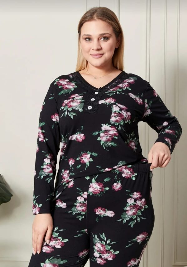 Çiçek Desenli Yakası Dantelli Düğmeli Büyük Beden Siyah Pijama Takımı - Görsel 4