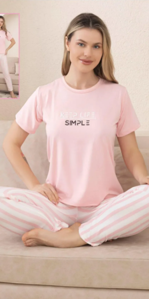 Simple Pembe Çizgili Pijama Takımı